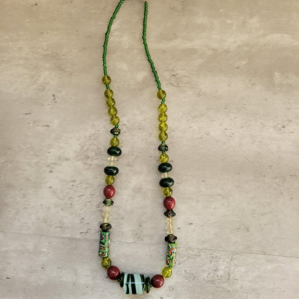 Vintage Handmade Glass Bead Necklace Millefiori Mixed Colors Art Jewelry 26in